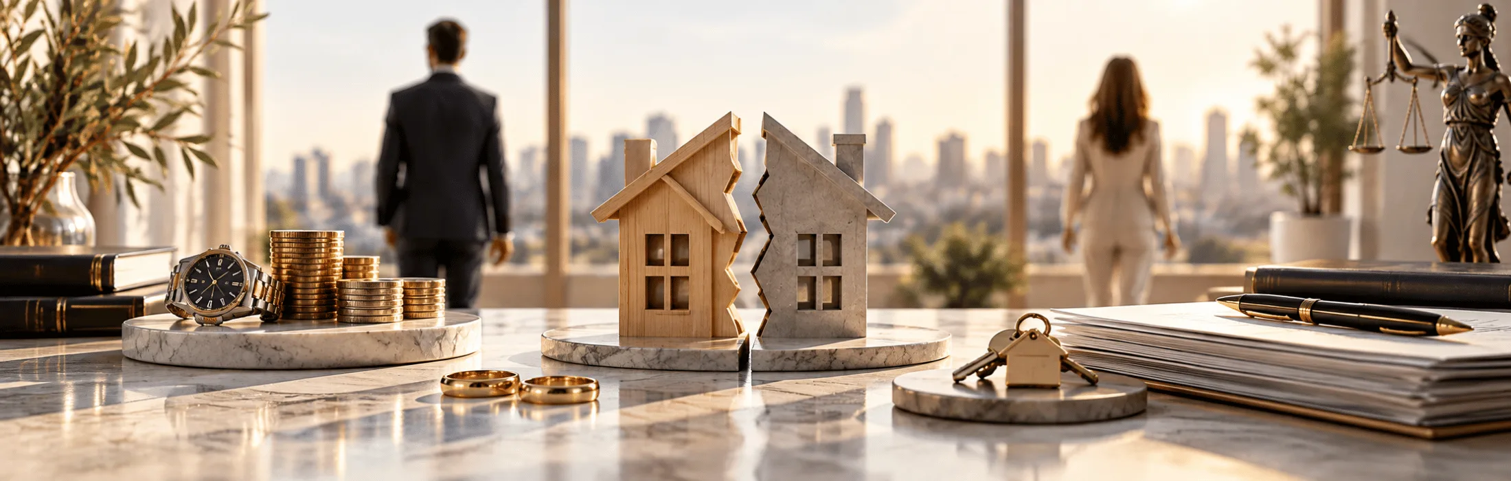 Desk scene with house models, coins, keys, a watch, and legal documents against a city skyline, suggesting real estate investment or law.