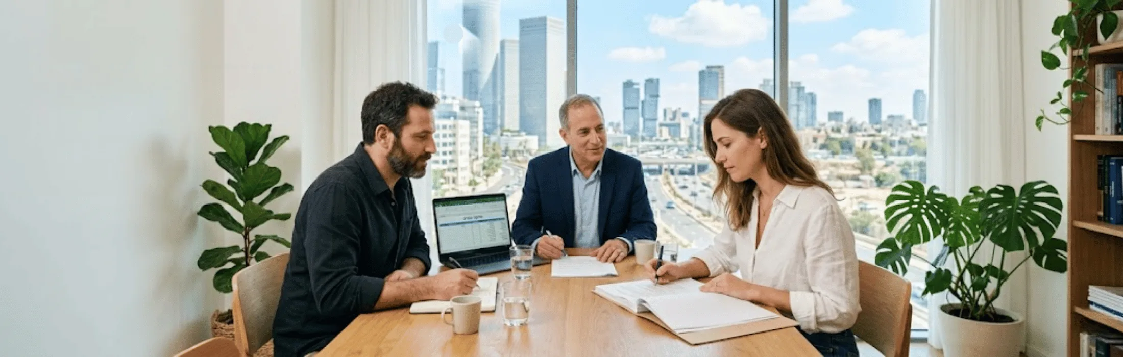 Three colleagues in a modern office reviewing documents at a wooden table, with a city skyline through large windows.