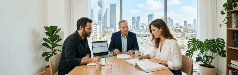 Three colleagues in a modern office reviewing documents at a wooden table, with a city skyline through large windows.