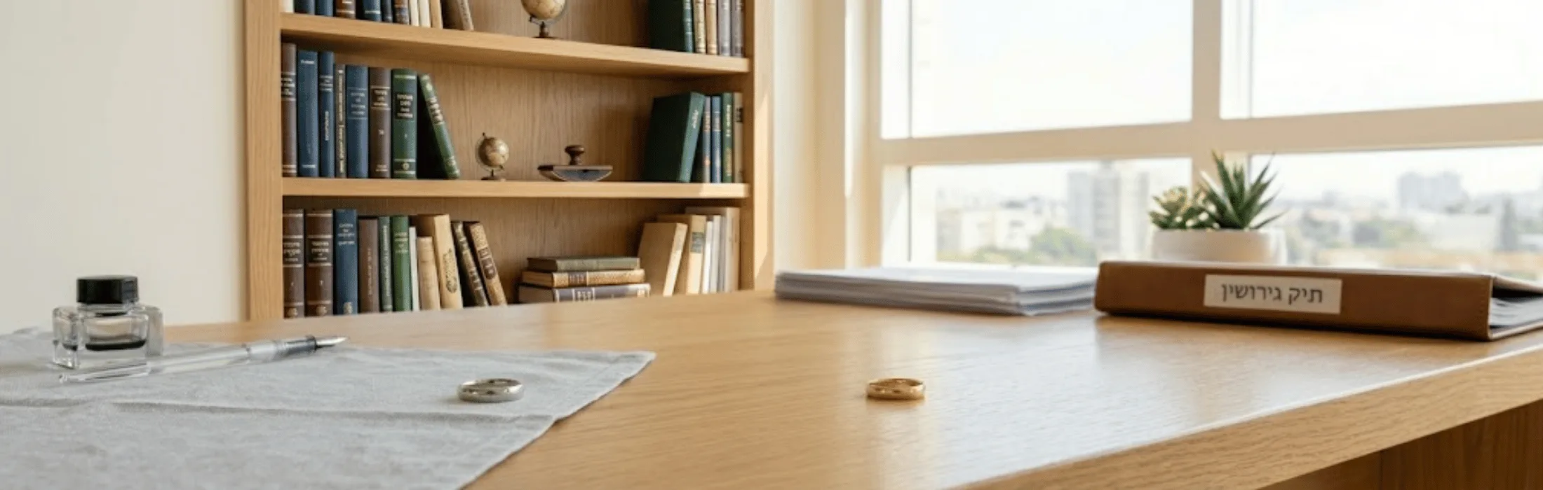 Wooden desk by a large window with a bookshelf, ink bottle, pen, and a potted plant at the back; a labeled binder sits on the desk to the right.