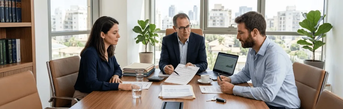 Three business professionals in a meeting around a wooden conference table, reviewing documents and a laptop in a bright office.