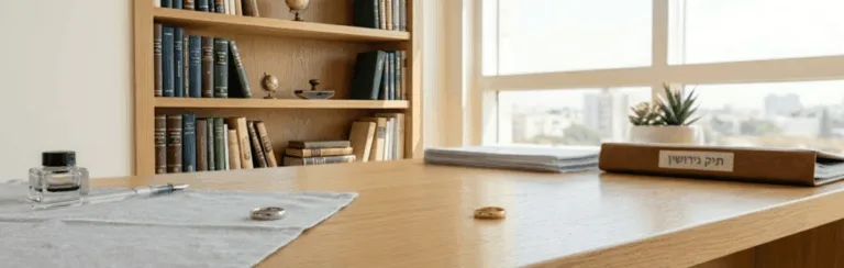 Wooden desk by a large window with a bookshelf, ink bottle, pen, and a potted plant at the back; a labeled binder sits on the desk to the right.