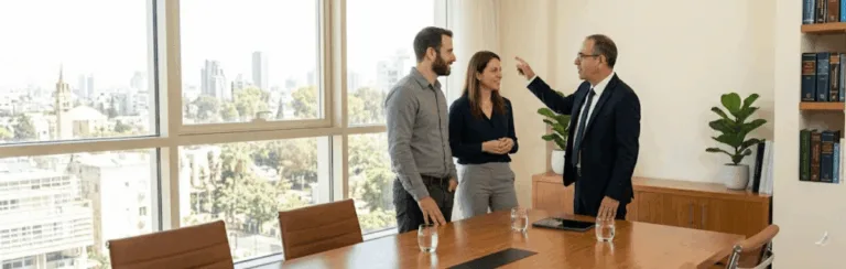 גירושים » עו״ד ומגשרת - ד''ר דינה ארליך-חורש Three coworkers stand and chat in a bright conference room, with a city skyline visible through large windows behind them.