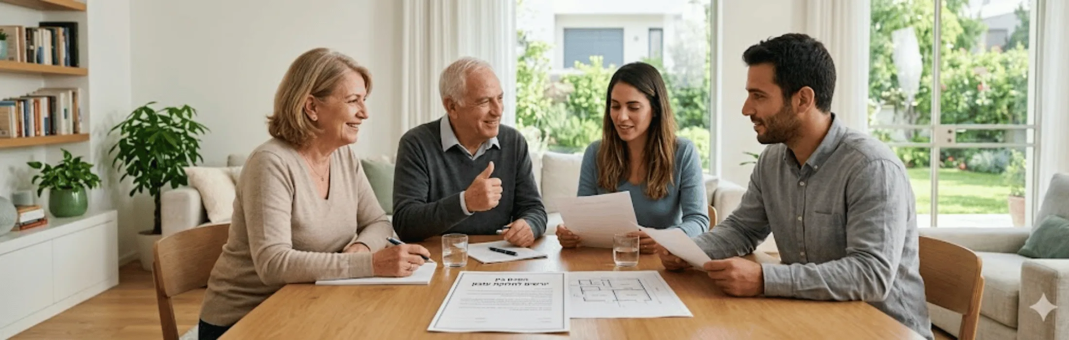 Four adults sit around a wooden table in a bright living room, reviewing papers and smiling.