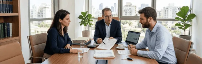 Three business professionals in a meeting around a wooden conference table, reviewing documents and a laptop in a bright office.