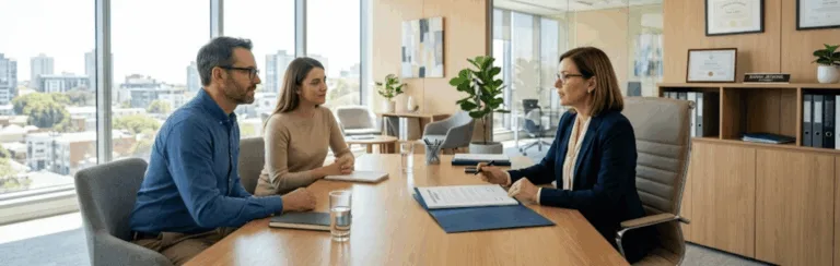 Three professionals sit around a wooden conference table in a bright office, reviewing documents.