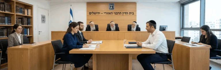 Formal meeting in a government chamber: five people seated at a long table, two on the near side and three on the far side, with officials behind a raised bench and an Israeli flag nearby.