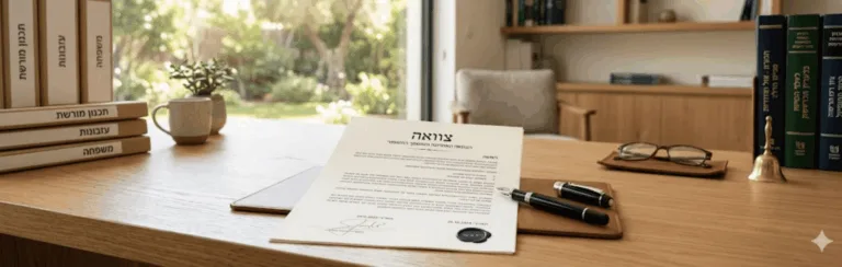 Desk scene featuring a will document (Hebrew 'צוואה') on a wooden table, with two pens, reading glasses, and a brass desk bell, flanked by Hebrew-language books; a garden viewed through a window in the background.