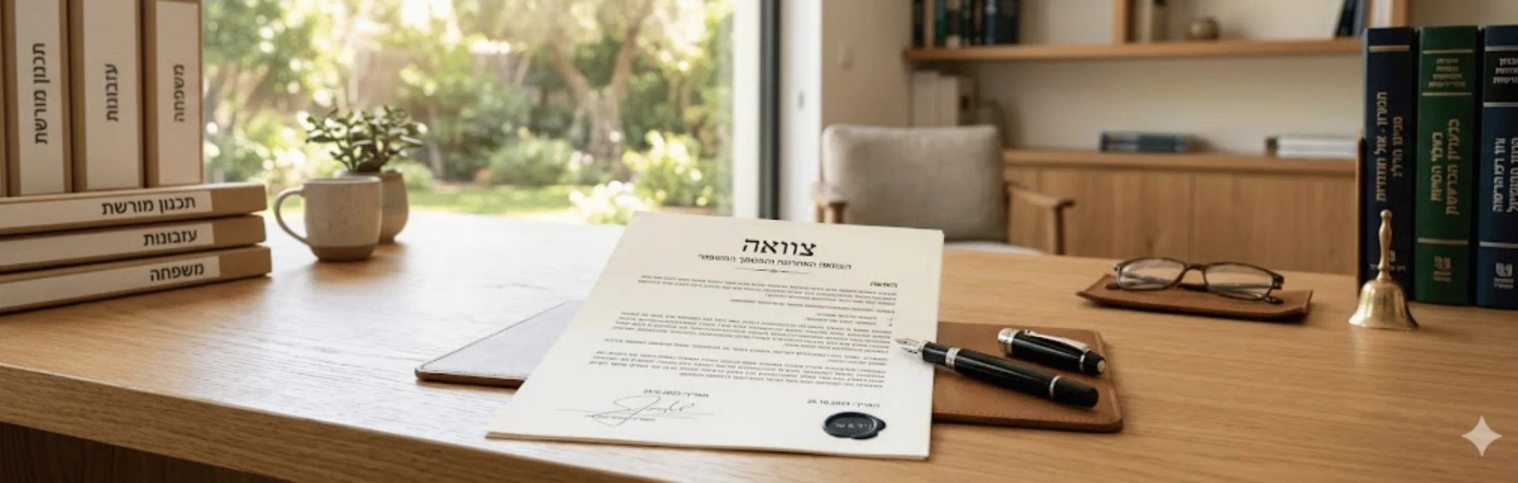 Desk scene featuring a will document (Hebrew 'צוואה') on a wooden table, with two pens, reading glasses, and a brass desk bell, flanked by Hebrew-language books; a garden viewed through a window in the background.