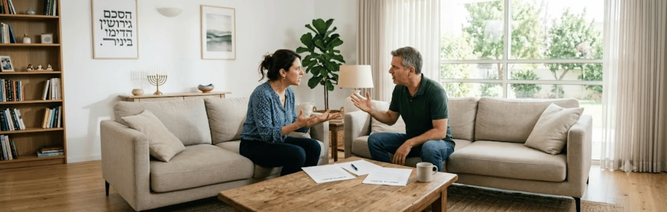Couple sits on beige sofas in a bright living room, arguing with open hands; papers and a mug on the coffee table.