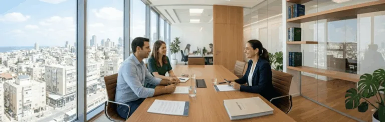 Three professionals in a bright office hold a meeting at a long conference table, reviewing documents with a cityscape visible through large windows.