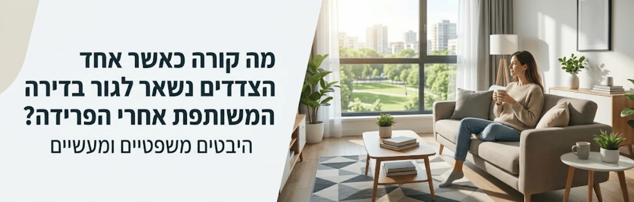 מה קורה כאשר אחד הצדדים נשאר לגור בדירה המשותפת אחרי הפרידה » עו״ד ומגשרת - ד''ר דינה ארליך-חורש אישה יושבת על ספה בסלון מודרני עם חלון גדול שמפתח נוף של פארק וצמחים סביבו, מחזיקה כוס ומשוחררת בנינוחות.
