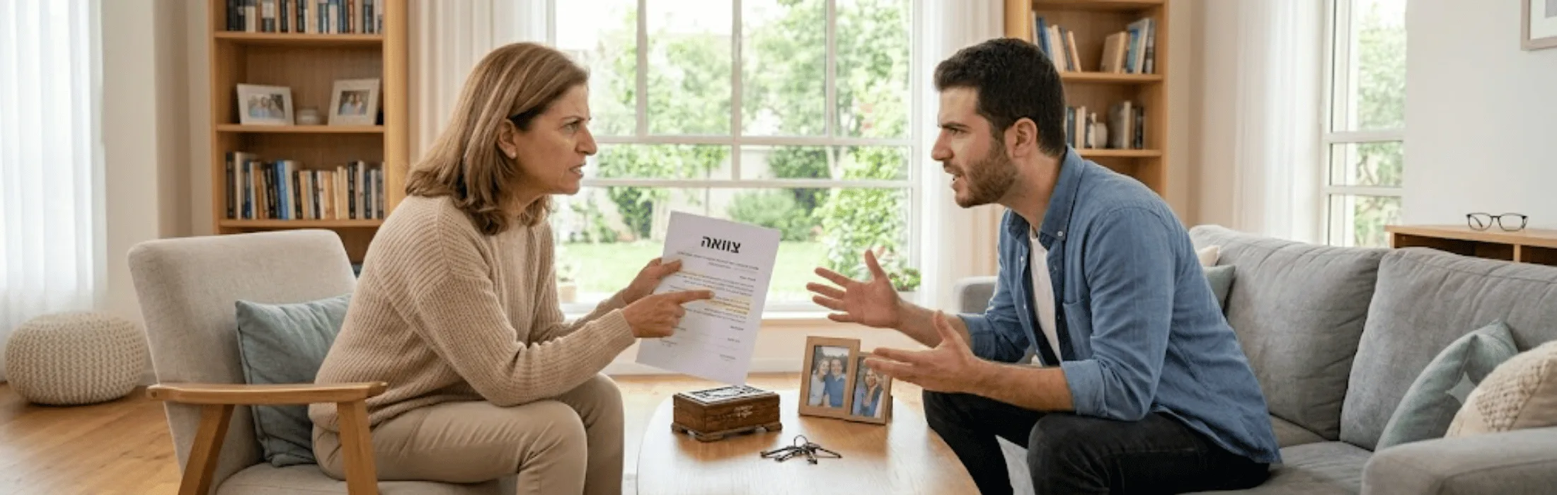 צוואה » עו״ד ומגשרת - ד''ר דינה ארליך-חורש Therapist and client sit across from each other in a sunlit living room, reviewing a document together on a coffee table.