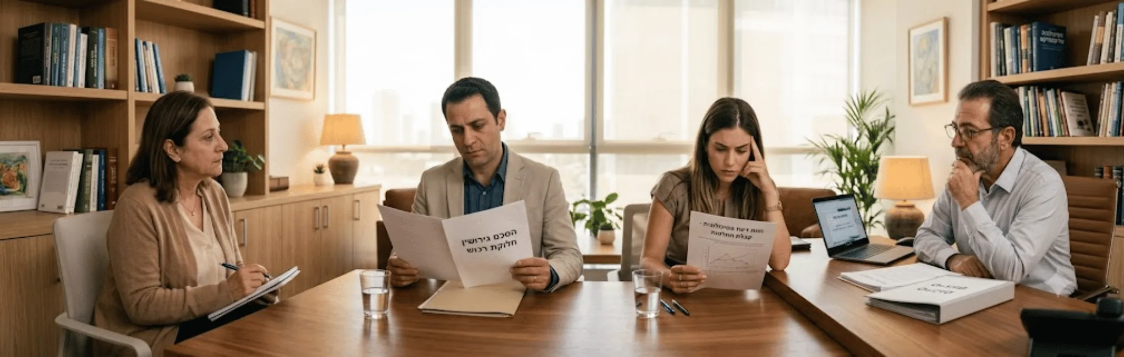 Four colleagues sit around a wooden conference table in a bright, book-filled office, reviewing documents.