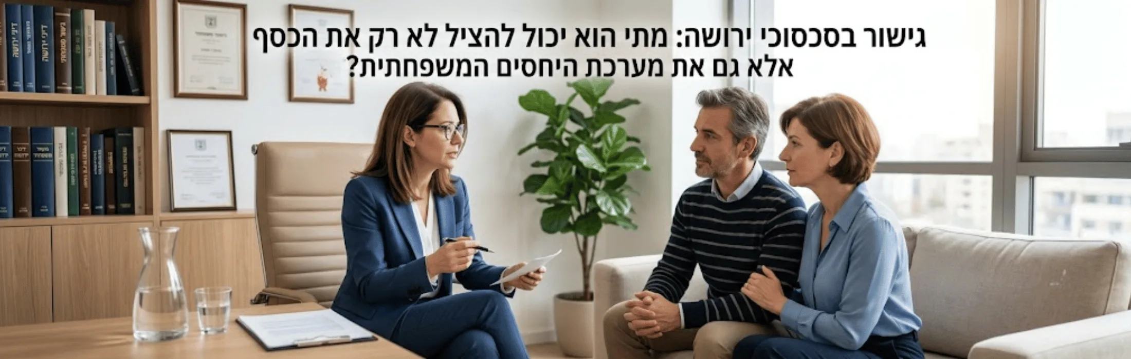 גישור בסכסוכי ירושה » עו״ד ומגשרת - ד''ר דינה ארליך-חורש Professional consultation in a modern office: a woman in a blue suit explains documents to a middle‑aged couple seated on a sofa across from her.