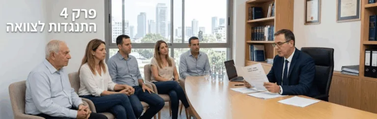 התנגדות לצוואה עוד ומגשרת - דר דינה ארליך-חורש Five people in a modern office meeting; a man in a suit reads a document at the head of a wooden table as others listen.