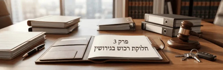 Law office desk with an open Hebrew text book and a gavel, stacks of folders, a pen, and keys nearby on polished wood.