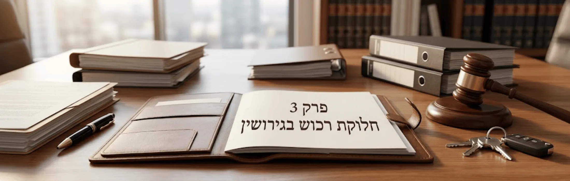 Law office desk with an open Hebrew text book and a gavel, stacks of folders, a pen, and keys nearby on polished wood.