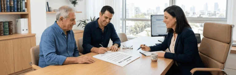 Three colleagues at a bright office table sign a document while a woman in a blazer supervises, with a city view outside the window.