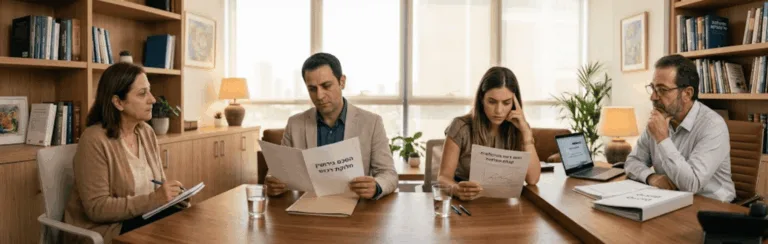 למה גם אנשים אינטליגנטים עושים טעויות בזמן גירושין הפסיכולוגיה שמאחורי קבלת ההחלטות » עו״ד ומגשרת - ד''ר דינה ארליך-חורש Four colleagues sit around a wooden conference table in a bright, book-filled office, reviewing documents.