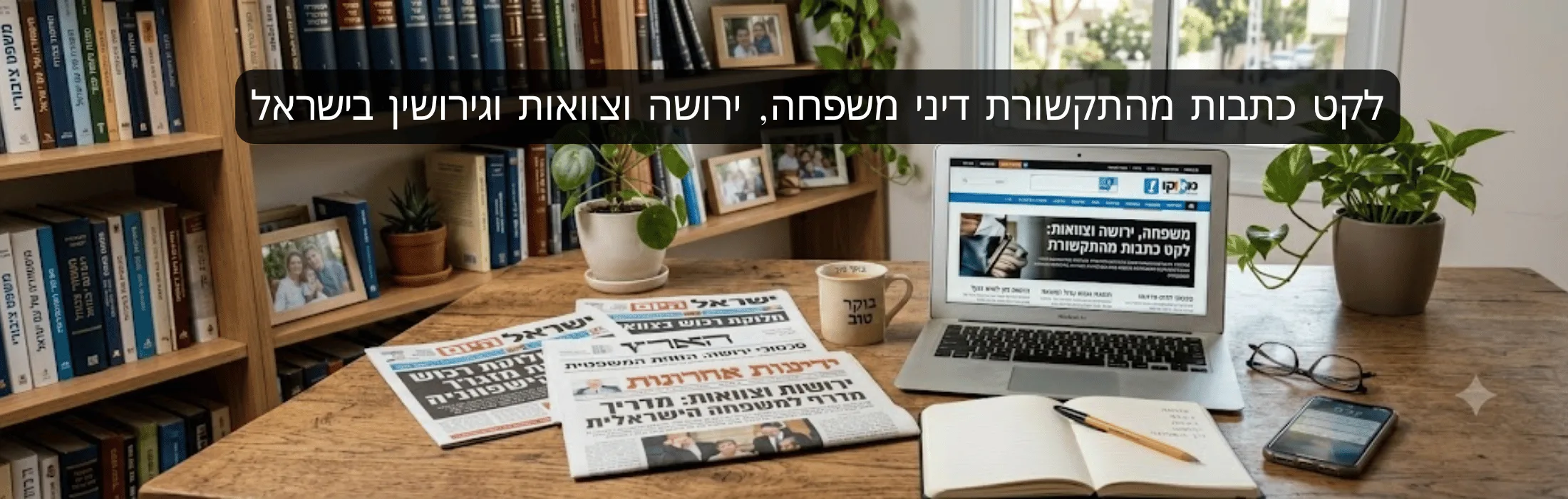 לקט כתבות מהתקשורת דיני משפחה ירושה וצוואות וגירושין בישראל » עו״ד ומגשרת - ד''ר דינה ארליך-חורש Desk scene with a Hebrew banner across the top reading content about family/relationship articles; on the desk are newspapers, an open notebook, a pencil, glasses, a laptop showing a news site, a mug, a smartphone, a potted plant, and a wooden bookshelf in the background.