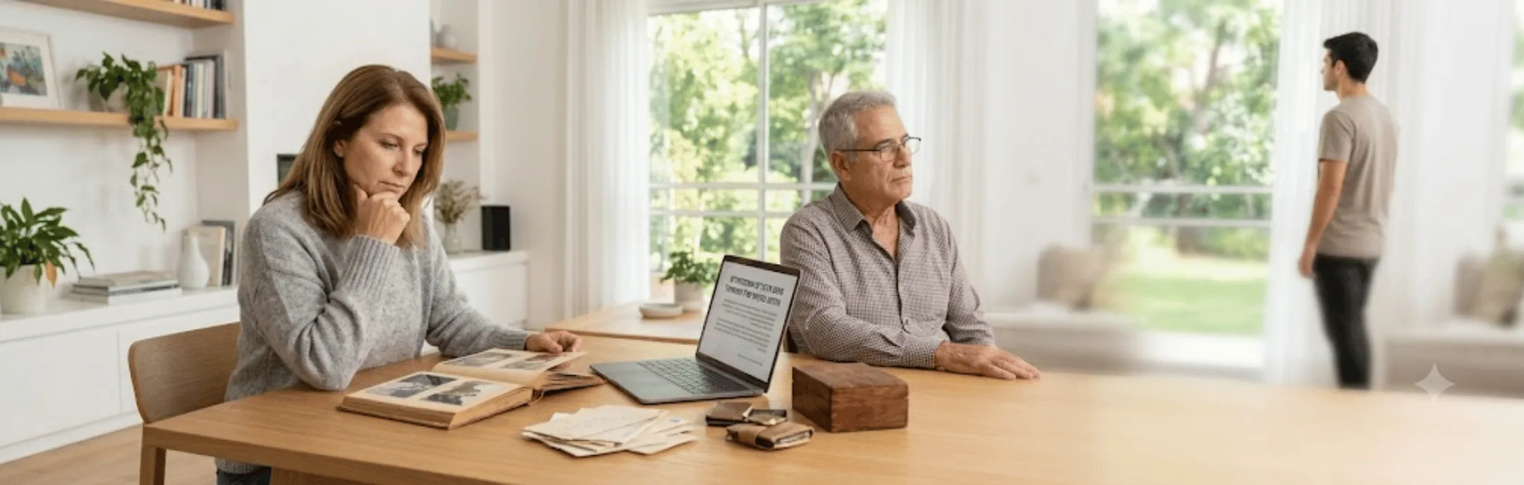 Couple at a wooden table reviewing documents with an open laptop, while a younger man stands by a bright window in the background in a home setting.