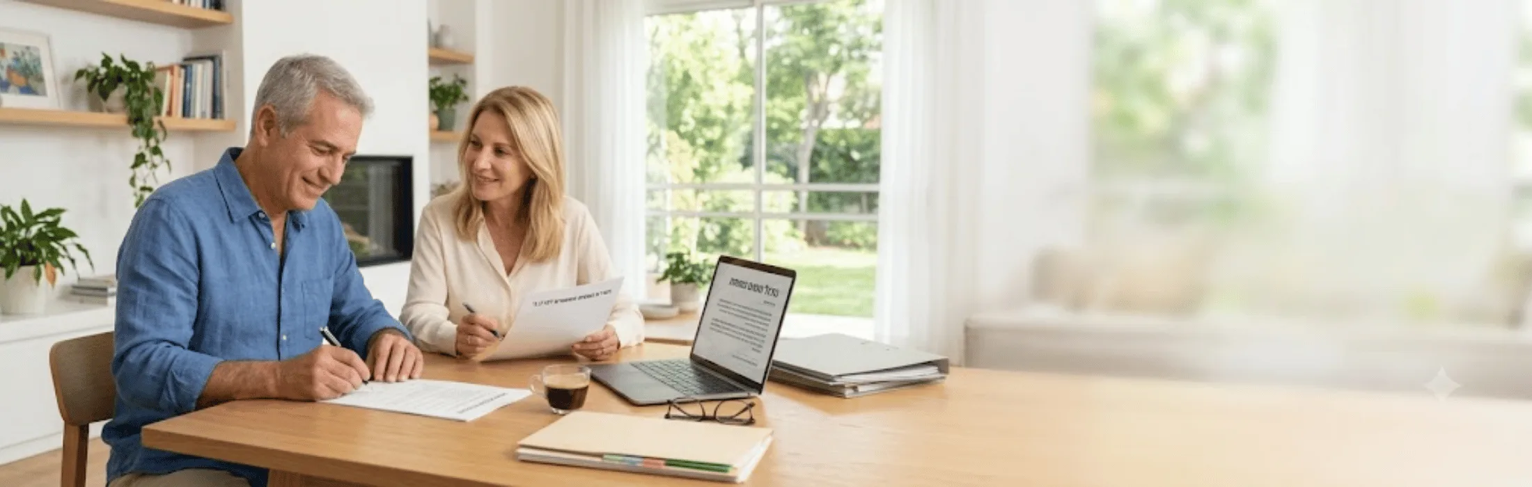 Couple at a wooden table reviewing documents with a laptop and a coffee cup in a bright home office.