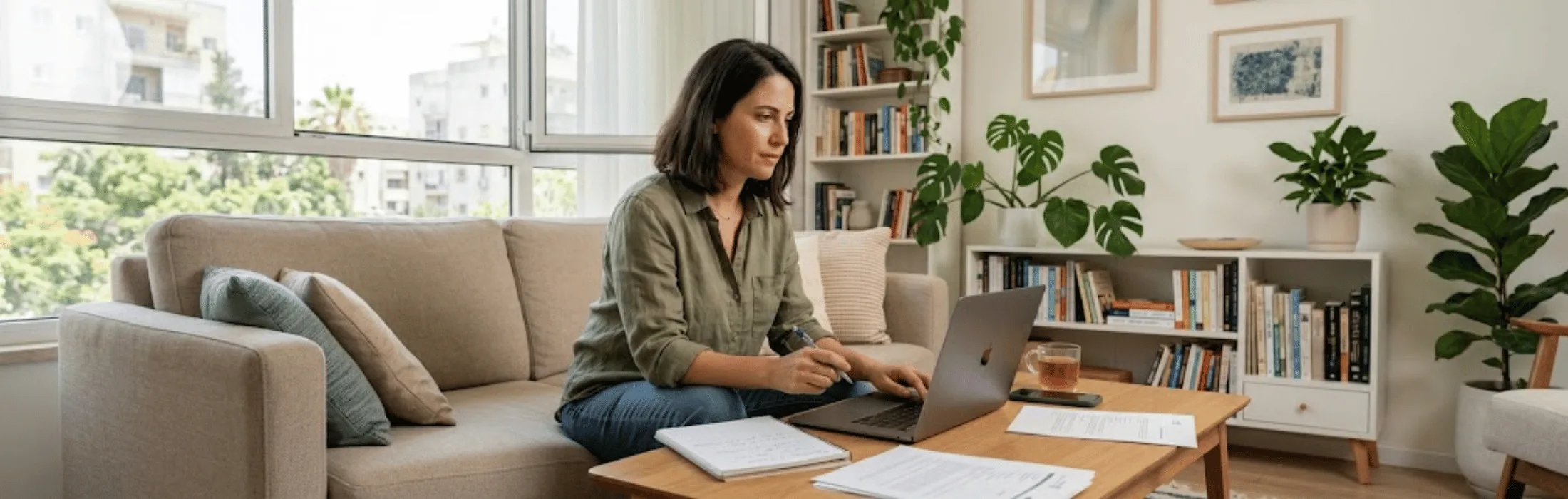 Woman sitting on a beige sofa, typing on a laptop at a wooden coffee table, with papers and a notebook nearby.