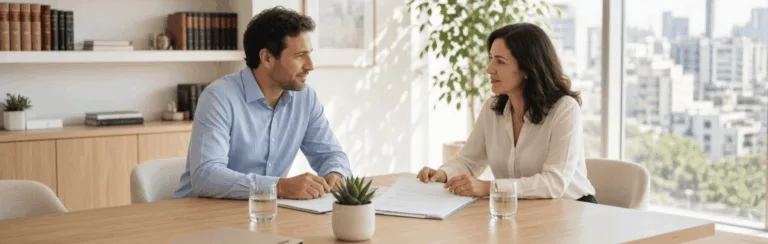 Two professionals sit across a wooden table in a bright office, reviewing documents with a small potted plant between them.