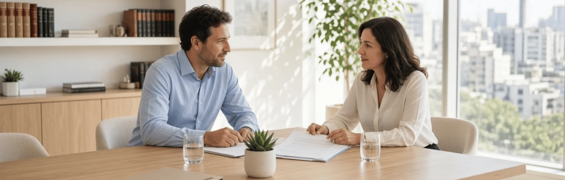 Two professionals sit across a wooden table in a bright office, reviewing documents with a small potted plant between them.