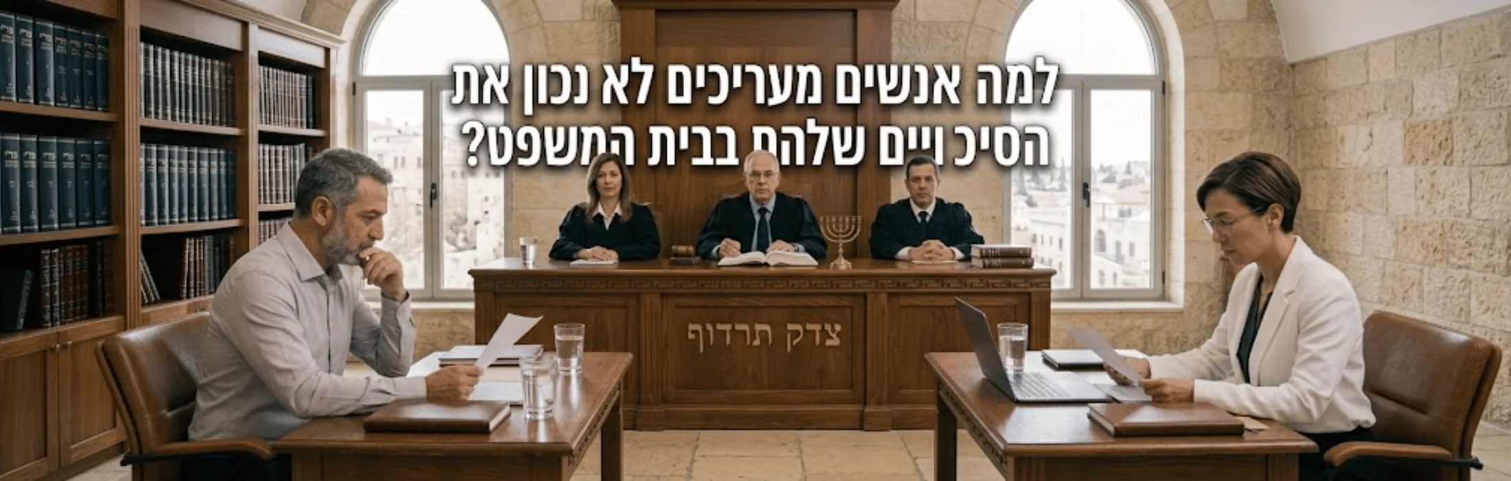Courtroom scene with three judges at a wooden bench and two individuals at opposing desks reviewing documents; Hebrew headline over the scene.