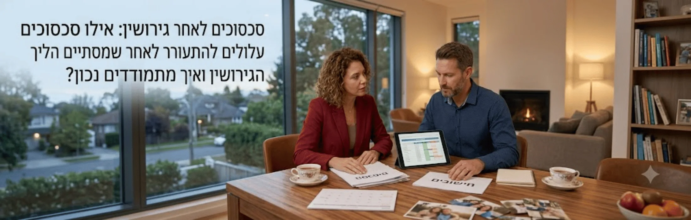 שני אנשים יושבים סביב שולחן עץ בבית, מעיינים במסמכים ובטאבלט המציג גרפים במהלך פגישה עסקית.
