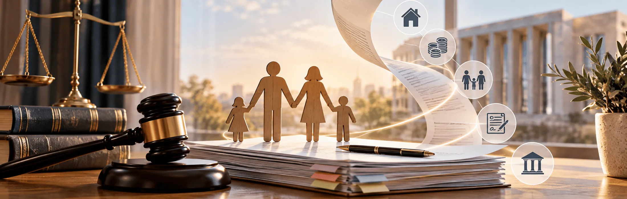 Wooden family figurines on a desk with a gavel and legal documents, symbolizing family law services.