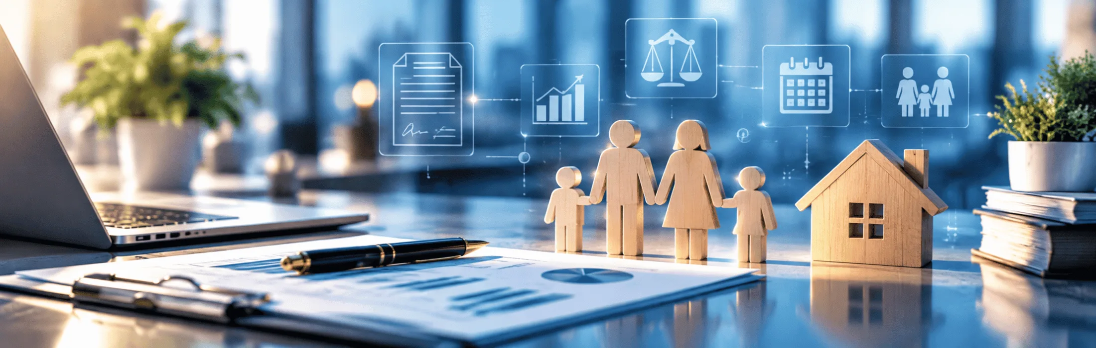 Wooden family figures standing with a small house model on a desk, with charts and a laptop in the background.