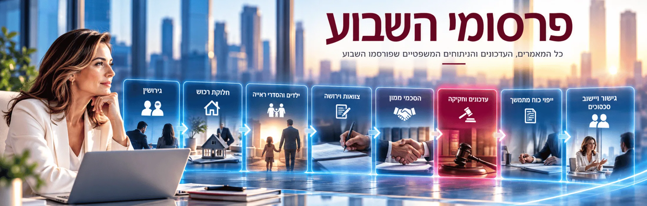 Businesswoman at a laptop with glowing blue workflow panels outlining a corporate process against a city skyline.