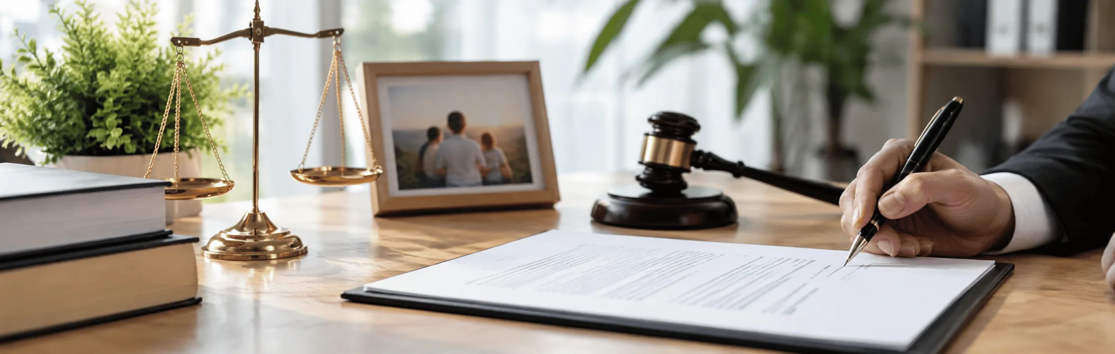 Law office desk with scales of justice, a gavel, framed photo, and a hand signing a document. (Informative)