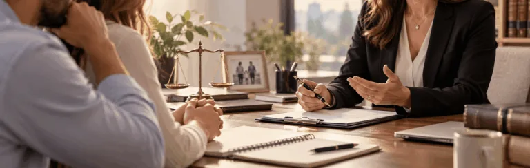 Attorney in a blazer discusses documents with clients across a desk, scales of justice visible on the table.