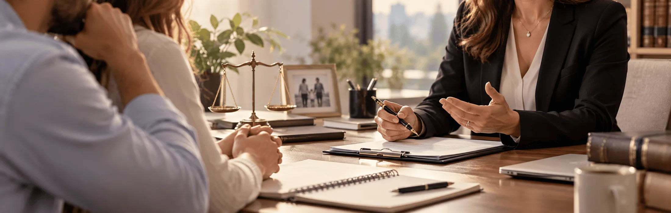 Attorney in a blazer discusses documents with clients across a desk, scales of justice visible on the table.