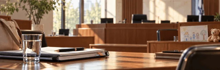 Wooden courtroom desk in a sunlit room with a glass of water, stacked papers, a pen, and a child’s drawing with a teddy bear on the desk.