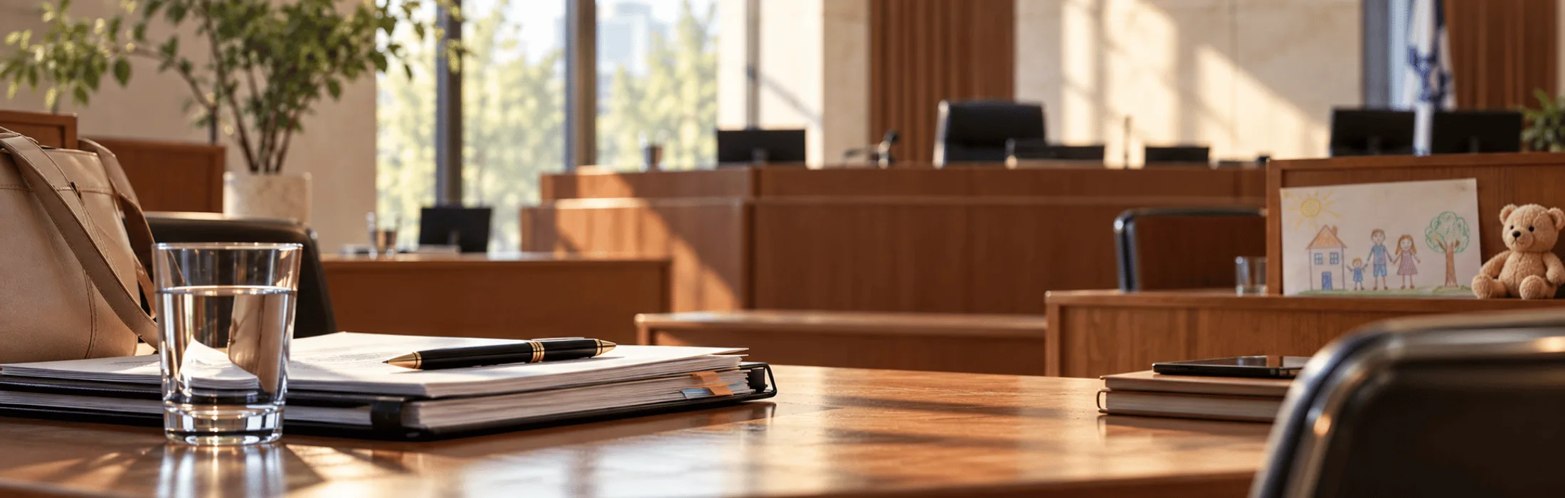 Wooden courtroom desk in a sunlit room with a glass of water, stacked papers, a pen, and a child’s drawing with a teddy bear on the desk.