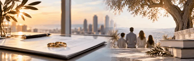 Wedding rings rest on a contract with a pen on a desk, as a sunset city skyline glows in the background.