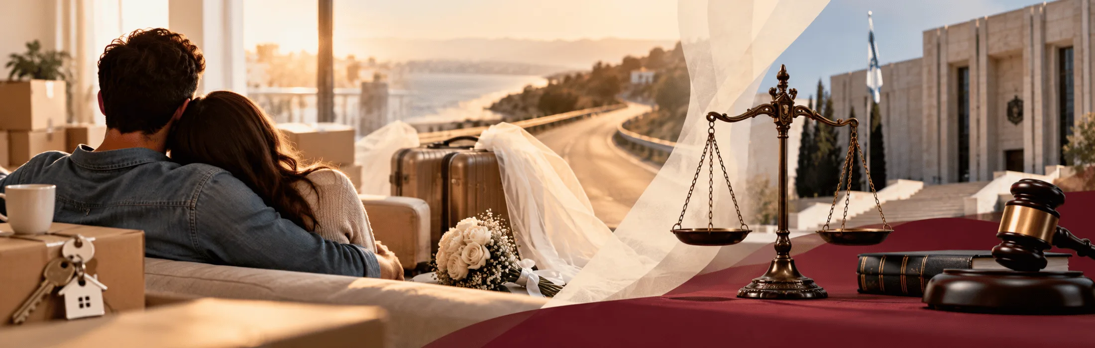Couple cuddling on a sofa among moving boxes, with a bouquet and legal symbols (scales and gavel) over a cityscape backdrop.