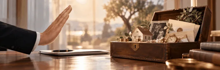 Businessperson raises hand in a stop gesture beside an open wooden chest filled with coins, photos, a house model, and jewelry on a desk.