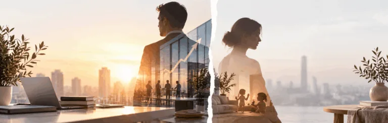 Double-exposure image merging a sunset office scene with a woman and children at home, split by a torn seam, illustrating work-life balance.