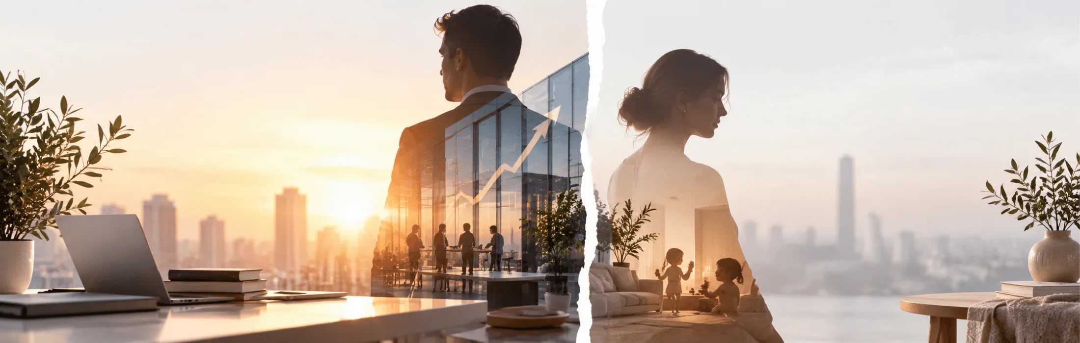 Double-exposure image merging a sunset office scene with a woman and children at home, split by a torn seam, illustrating work-life balance.