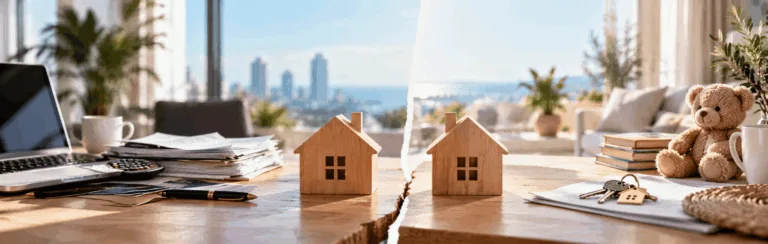 Two wooden house models sit on a split desk amid papers, a laptop, and a teddy bear in a bright home-office scene, suggesting real estate or home buying.