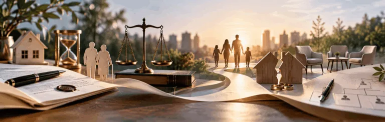 Estate planning concept: scales of justice, legal documents, family figures, house models, rings, and a couple walking with children at sunset in a city setting.