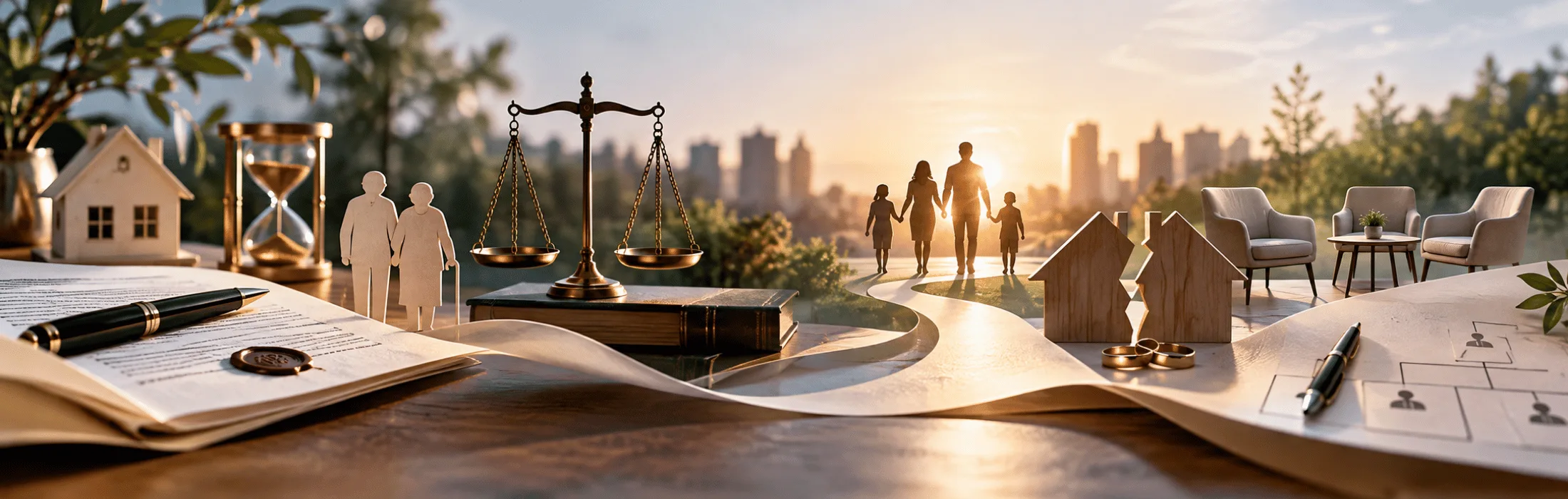 Estate planning concept: scales of justice, legal documents, family figures, house models, rings, and a couple walking with children at sunset in a city setting.