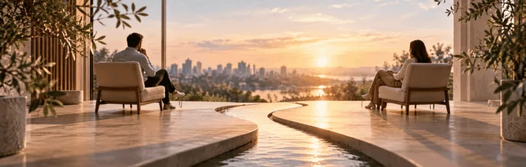 Two people sit in lounge chairs on a terrace at sunset, overlooking a distant city skyline with a reflective water feature between them.