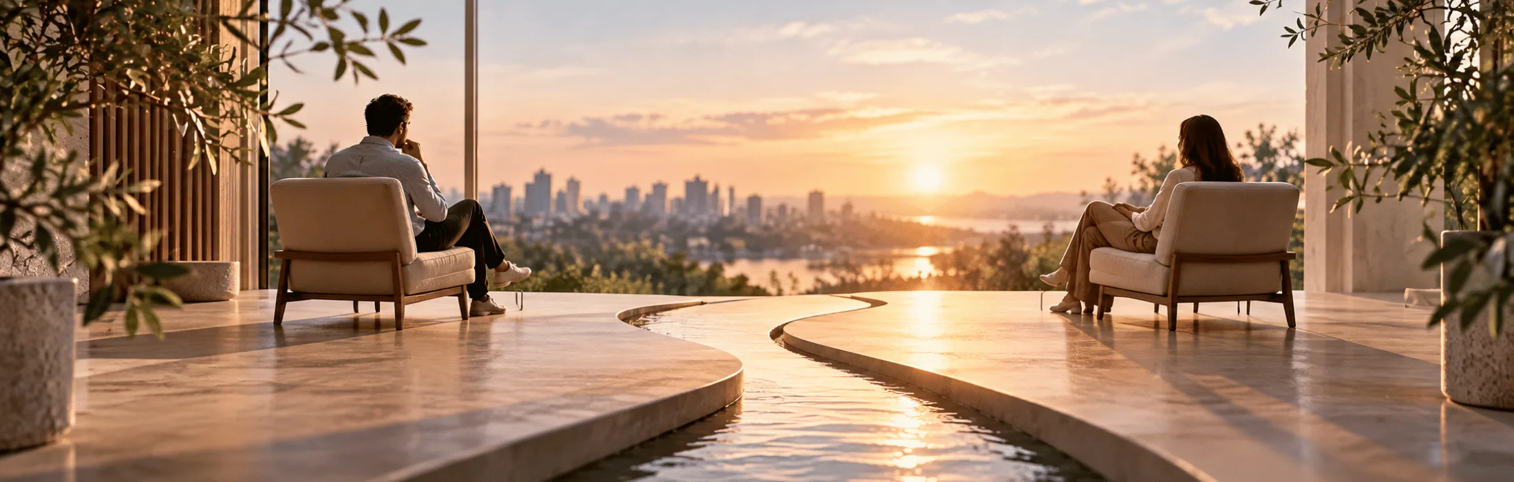 Two people sit in lounge chairs on a terrace at sunset, overlooking a distant city skyline with a reflective water feature between them.